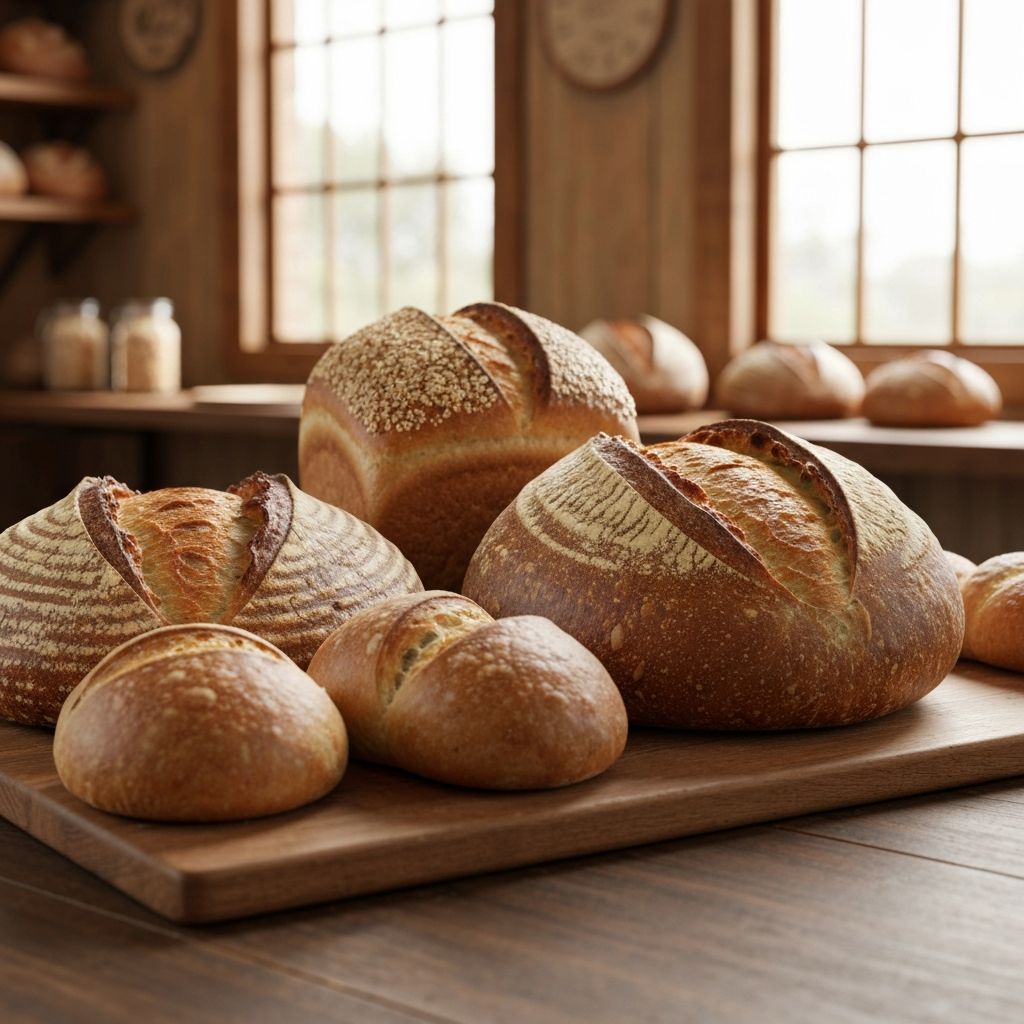 Assorted fresh artisan bread loaves and rolls on a wooden board