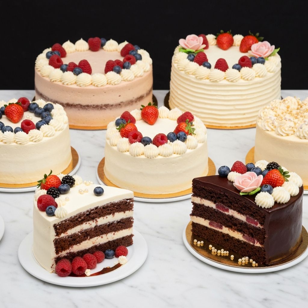 Selection of decorated cakes and cake slices with frosting and berries
