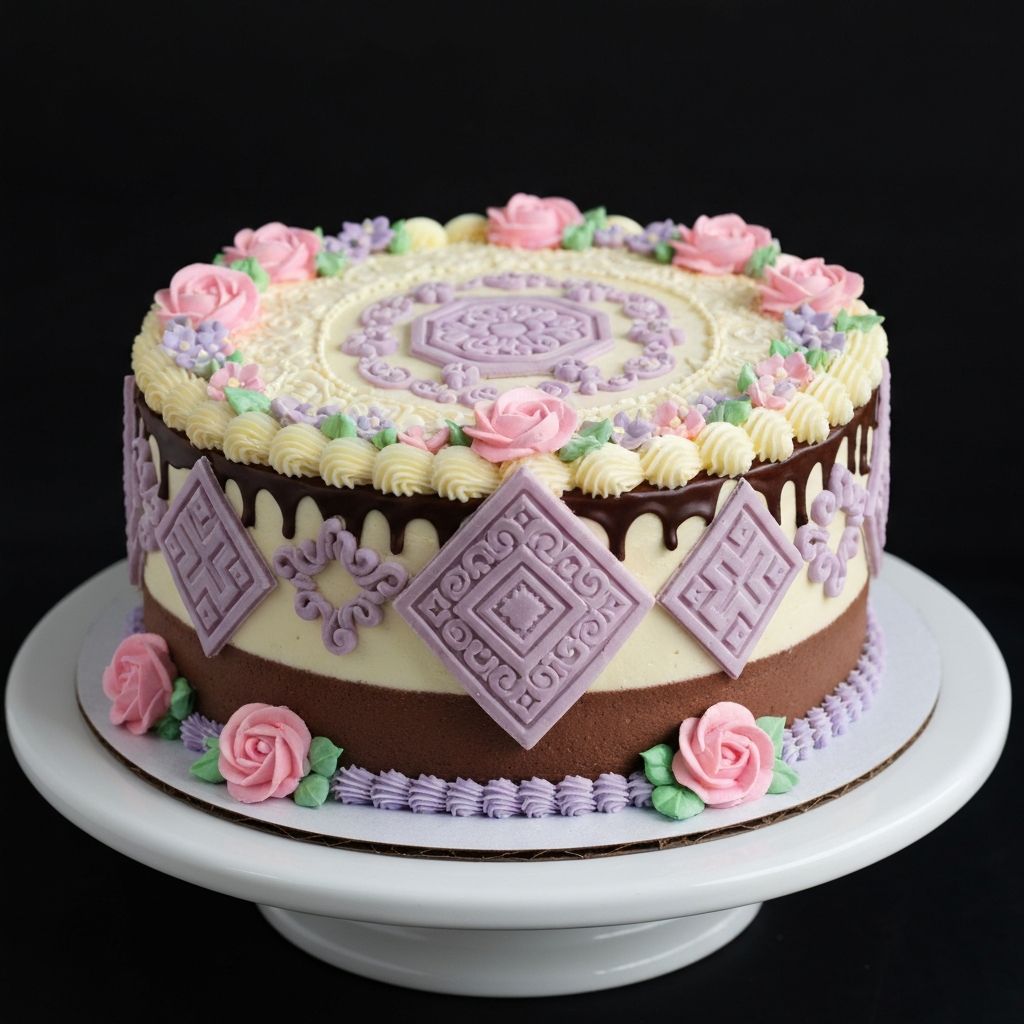 Custom decorated celebration cake with intricate fondant and piped floral details
