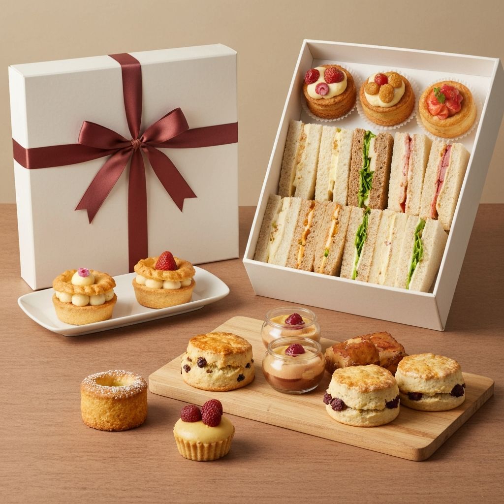 Elegant high tea gift box with pastries, scones and sweet treats tied with a ribbon
