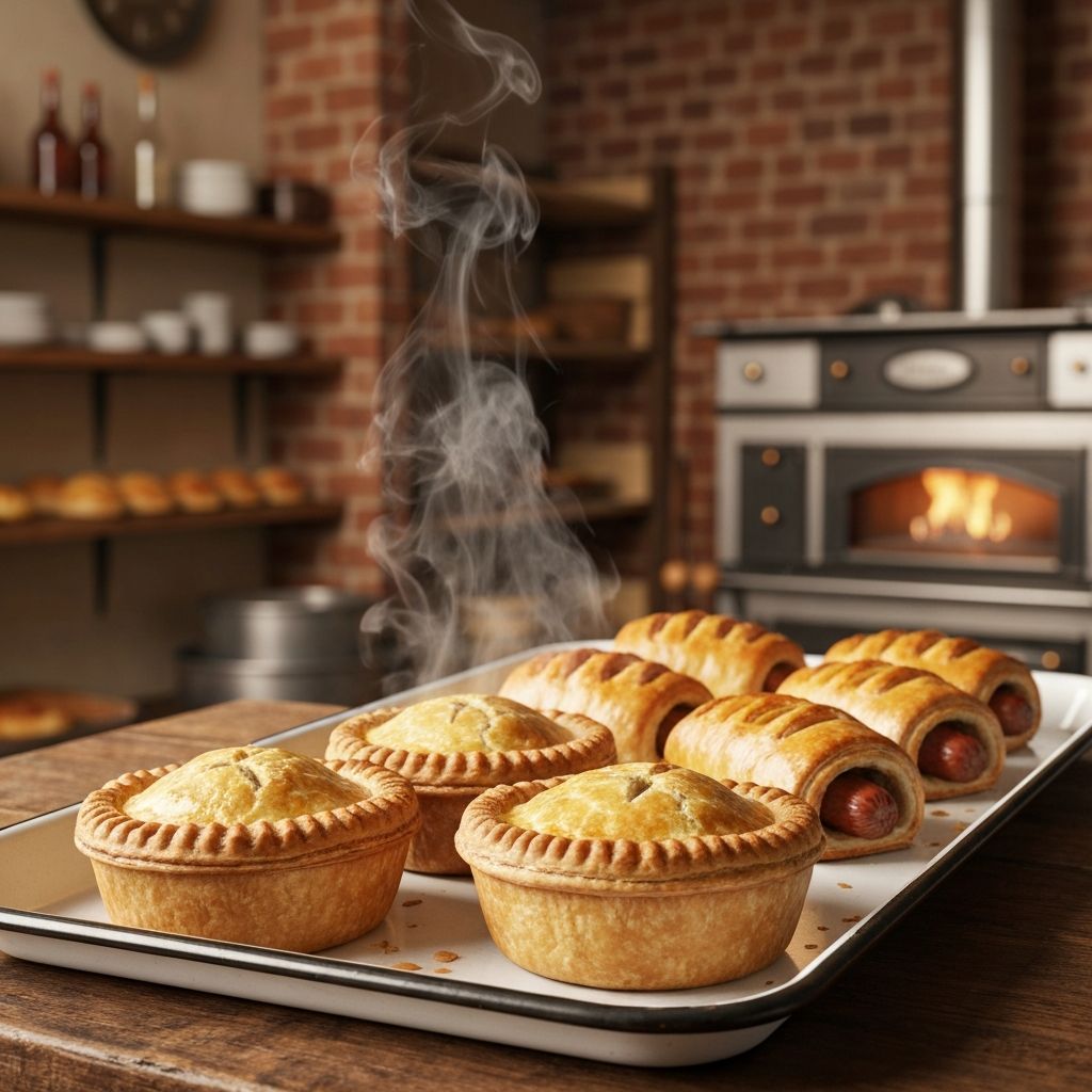 Golden brown Australian meat pies and sausage rolls fresh from the oven